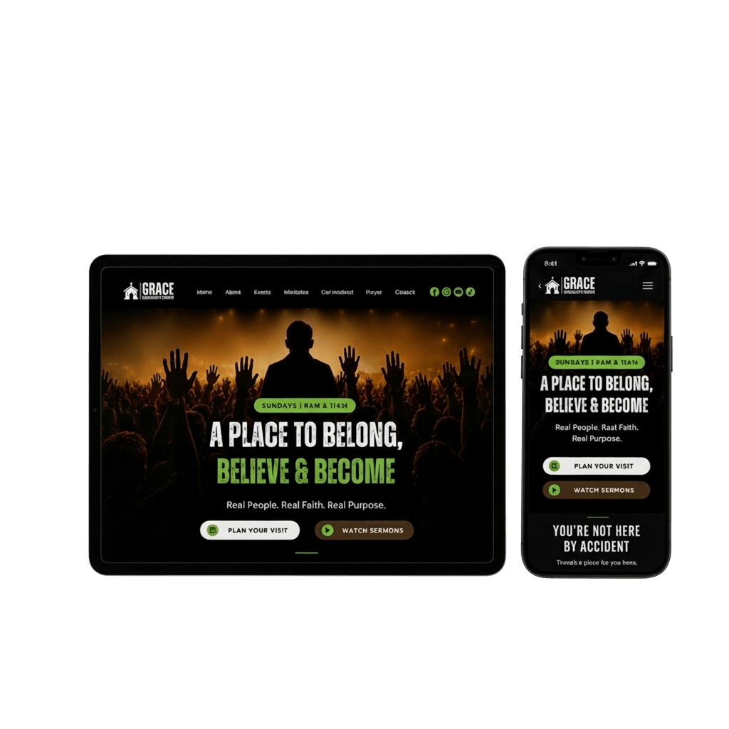 Church website design shown on laptop and phone